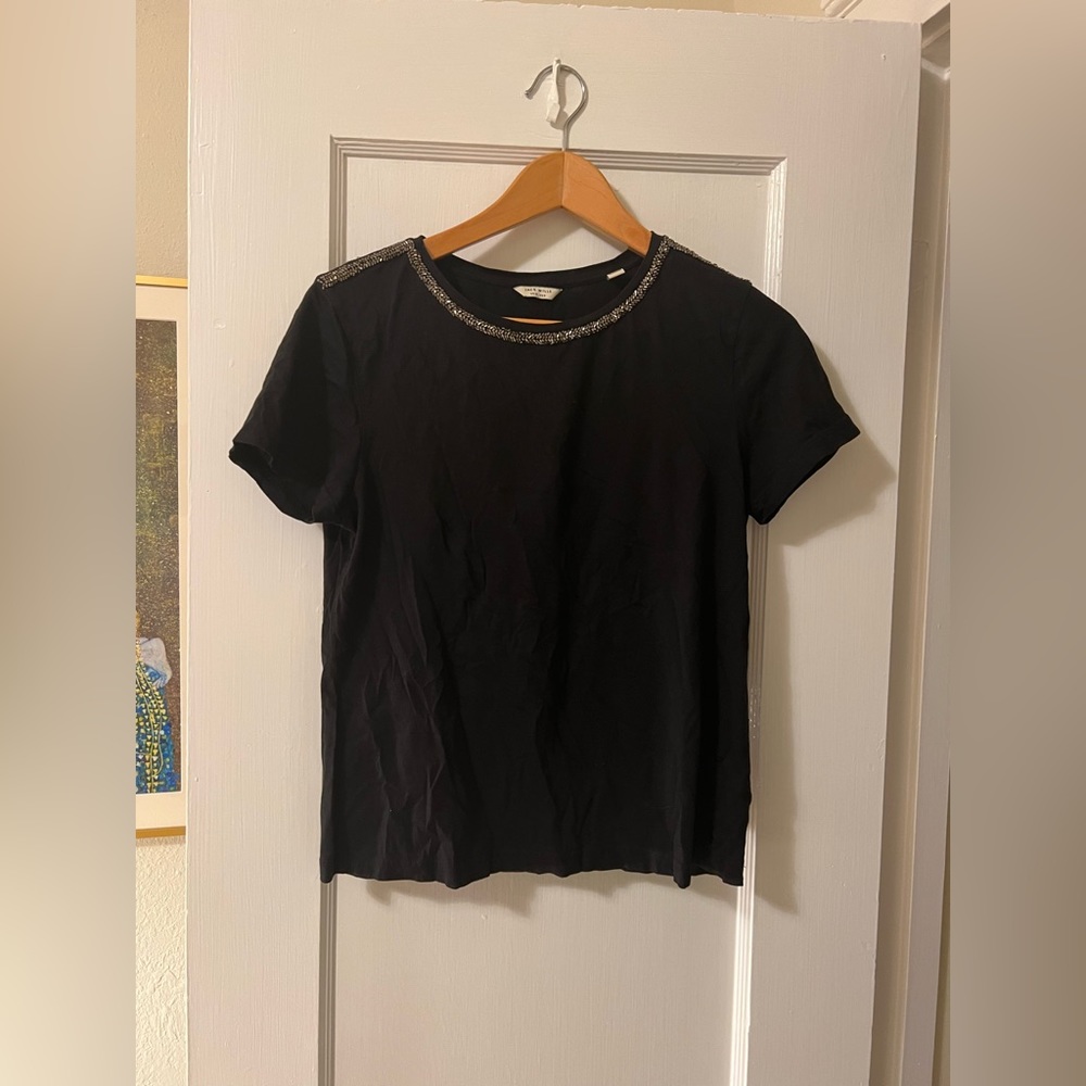 Short Sleeve Dark Blue Top with Beaded Collar